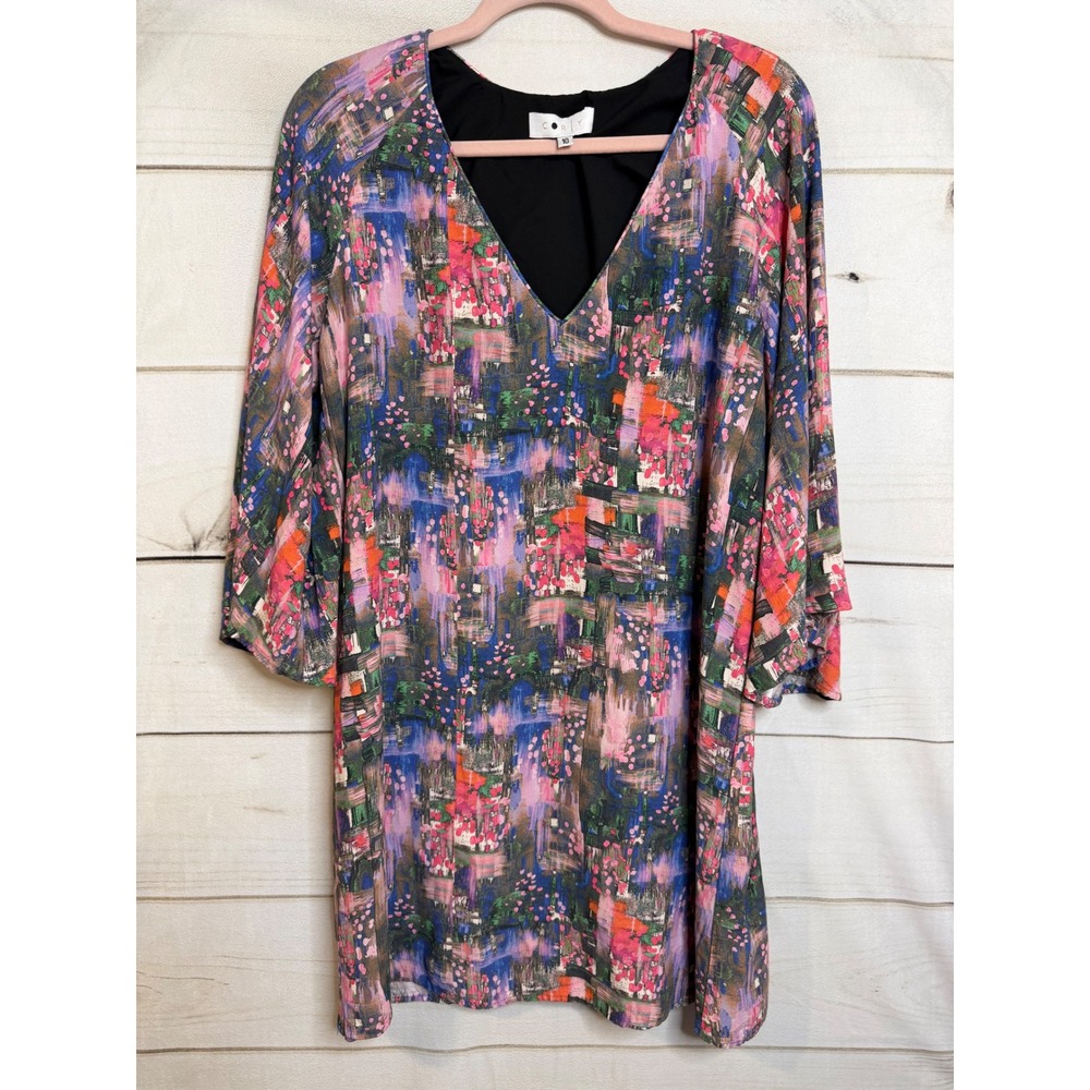 Corly Multi Color Abstract Brushstroke V-Neck Shift Mini Dress Womens Size 10